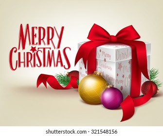 3D Realistic Red Gift with Merry Christmas Greeting in a  Background with Colorful Xmas Balls. Vector Illustration
