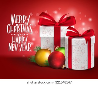 3D Realistic Red Gifts with Merry Christmas Greeting with Xmas Balls in a Glossy Background. Vector Illustration
