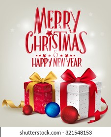 3D Realistic Red Gifts with Merry Christmas Greeting for Card or Poster Design with Glossy Background. Vector Illustration
