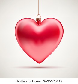 3d realistic red glossy heart, Christmas toy and Valentines. Holidays decorative design. Heart christmas toy icon. Expensive Xmas bauble indoor decor traditional vector illustration.