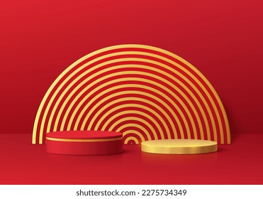 3D realistic red and gold cylinder pedestal podium with semi circle backdrop. Vector abstract geometric forms. Wall minimal scene mockup products stage showcase, Chinese new year promotion display.