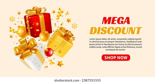 3D realistic red, gold, white gift boxes with balls, tinsel on light background. Advertising banner template of Christmas and New Year sale, giveaways, shopping with mega discount. Vector illustration