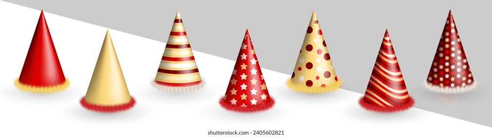 3d realistic red and golden party hats for birthday celebration. Three dimensional isometric birthday caps, festive glossy party cones with various patterns and fluffy fur for carnival, masquerade