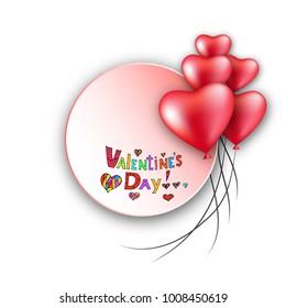 3D Realistic Red Heart Balloons Flying with Love Pattern and Happy Valentines Day Text Greetings in Background. Vector Illustration