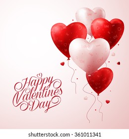 3D Realistic Red Heart Balloons Flying with Love Pattern and Happy Valentines Day Text Greetings in Background. Vector Illustration
