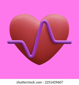 3d realistic red heart with violet pulse for medical apps and websites. Medical healthcare concept. Heart pulse, heartbeat line, cardiogram. Vector illustration