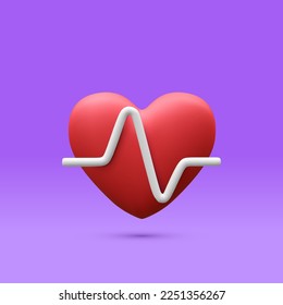 3d realistic red heart with white pulse for medical apps and websites. Medical healthcare concept. Heart pulse, heartbeat line, cardiogram. Vector illustration