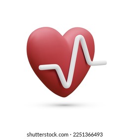 3d realistic red heart with white pulse for medical apps and websites. Medical healthcare concept. Heart pulse, heartbeat line, cardiogram. Vector illustration