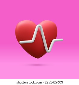 3d corazón rojo realista con pulso blanco para aplicaciones médicas y sitios web. Concepto de atención médica. Pulso cardíaco, latido cardíaco, cardiograma. Ilustración del vector