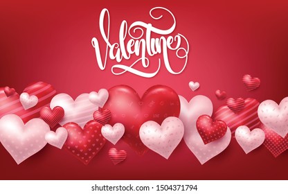 3D Realistic Red Hearts Background with Sweet Happy Valentines Day. Vector illustration