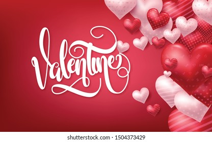 3D Realistic Red Hearts Background with Sweet Happy Valentines Day. Vector illustration