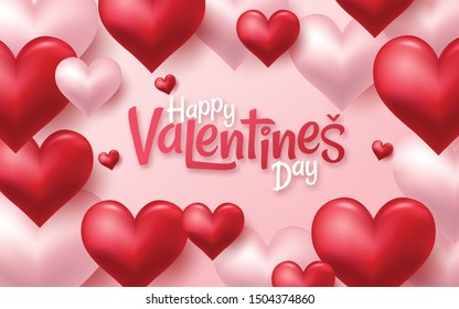 3D Realistic Red Hearts Background with Sweet Happy Valentines Day. Vector illustration