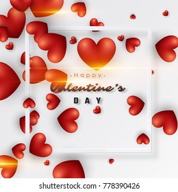 3D Realistic red hearts background with frame and glowing lights. Valentines day holiday background. Vector Illustration