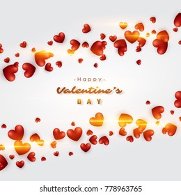 3D Realistic red hearts background with glowing lights. Valentines day holiday background. Vector Illustration