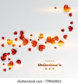 3D Realistic red hearts background with glowing lights. Valentines day holiday background. Vector Illustration