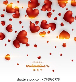 3D Realistic red hearts background with glowing lights. Valentines day holiday background. Vector Illustration