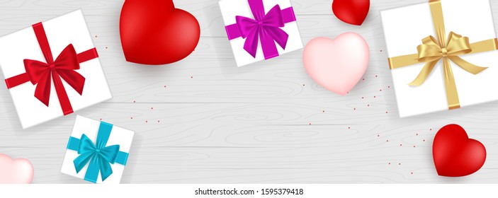 3D Realistic Red Hearts and gift box Background with Sweet Happy Valentines Day Greetings in the Middle. Vector Illustration
