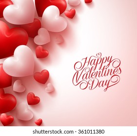 3D Realistic Red Hearts and Sweet Happy Valentines Day Title Text in White Background with Space. Vector Illustration
