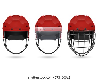 3d realistic red hockey helmet in three varieties - without protection, with visor and goalkeepers. Isolated on white background. Vector EPS10 illustration. 