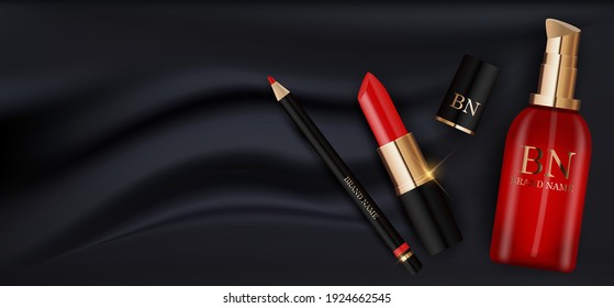 3D Realistic Red Lipstick, Cream Bottle and Pencil on Black Silk Design Template of Fashion Cosmetics Product  for Ads, flyer, banner or Magazine Background. Vector Iillustration. EPS10