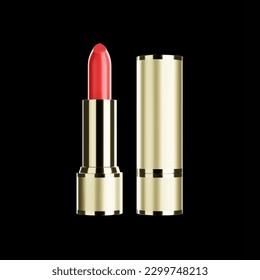 3d realistic red lipstick in a gold tube on a black background.