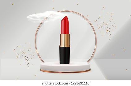 3D Realistic Red Lipstick on White Podium Design Template of Fashion Cosmetics Product  for Ads, flyer, banner or Magazine Background. Vector Iillustration EPS10