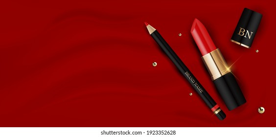 3D Realistic Red Lipstick and Pencil on Red Silk Design Template of Fashion Cosmetics Product  for Ads, flyer, banner or Magazine Background. Vector Iillustration EPS10