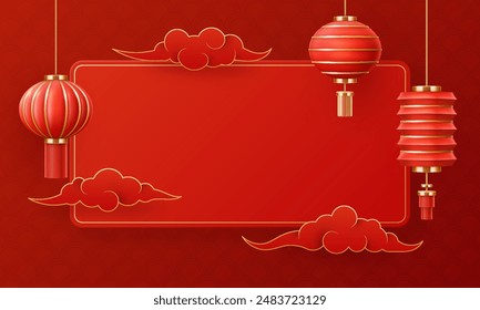 3D realistic red luxury background with golden frame, lantern, clouds and traditional Chinese ornament background. Chinese New Year or Mid Autumn holiday background.