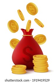 3d Realistic Red Money Bag And Coins Isolated On White Background, Vector Illustration