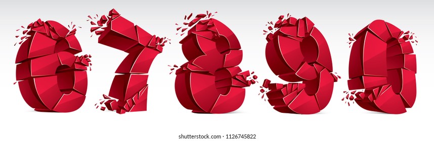 3D realistic red numbers set 6 7 8 9 0 vector illustration, breaking to pieces digits over white symbols collection.