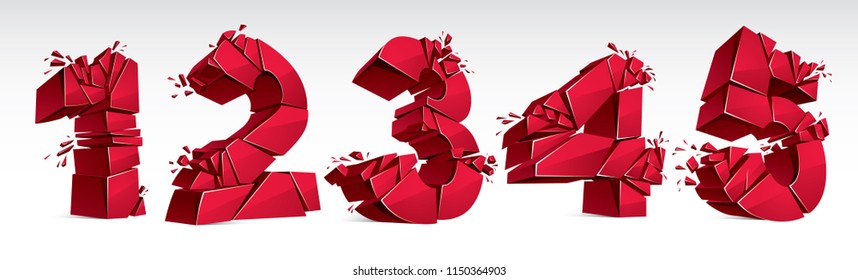 3D realistic red numbers set 1 2 3 4 5 vector illustration, breaking to pieces digits over white symbols collection.