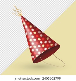 3d clipart de fiesta roja realista para la celebración del cumpleaños. Gorra de cumpleaños isométrica tridimensional, cono festivo de fiesta con patrón de flores y cintas, serpentina para el carnaval, mascarada
