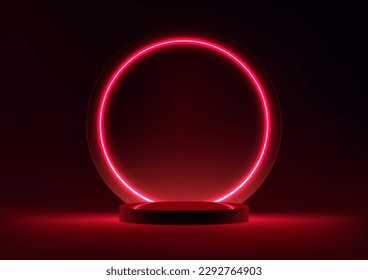 pedestal de podio rojo 3D realista con un brillante círculo de luz de neón sobre el estilo de la tecnología de fondo oscuro. Se puede utilizar para la presentación cosmética de maquillaje, el escaparate, etc.