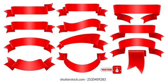 3d realistic red ribbons set. Ribbons collection isolated on white background. Design element, decorative sticker. Cute folded ribbon for sale banner, advertisement, celebrations. Vector illustration