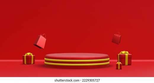 3d realistic red round podium with gold circle on light background. Scene and platform with gift boxes and shoppind bags on light background. Design pedestal for christmas. Vector illustration