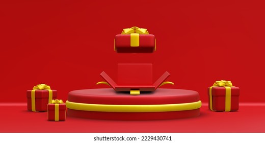3D-realistisches rotes rundes Podium mit goldenem Kreis auf hellem Hintergrund. Szene und Plattform mit Geschenkbox auf hellem Hintergrund. Design-Plätzchen für Weihnachten. Vektorgrafik