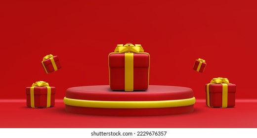 3d podio redondo rojo realista con círculo dorado sobre fondo claro. Escena y plataforma con cajas de regalo sobre fondo claro. Diseñar pedestal para la navidad. Ilustración del vector
