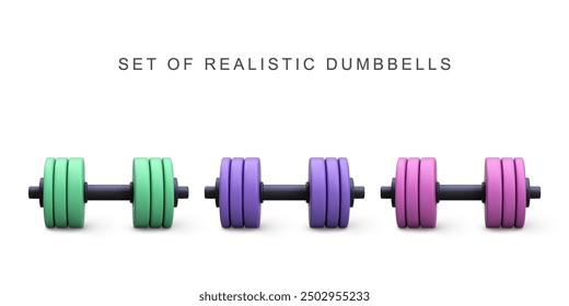 3d realistic red set dumbbells on white background. Vector illustration.