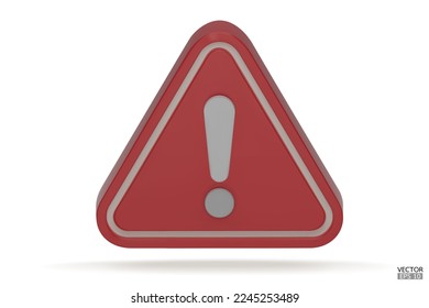 3d Realistic Red triangle warning sign isolated on white background. Hazard warning attention sign with exclamation mark symbol. Danger, Alert, Dangerous attention icon. 3D Vector illustration.