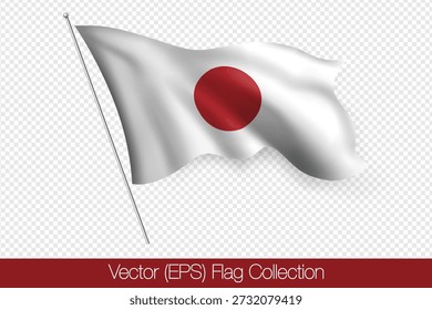 Bandeira vermelha e branca 3D realista do Japão, ilustração vetorial (EPS), isolada no fundo transparente. Bandeira tremula ao vento, sombras realistas e luz