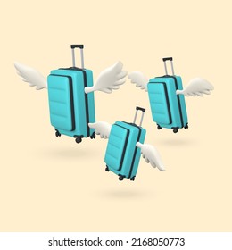 3d realistic render blue suitcases with wings. Vector illustration.