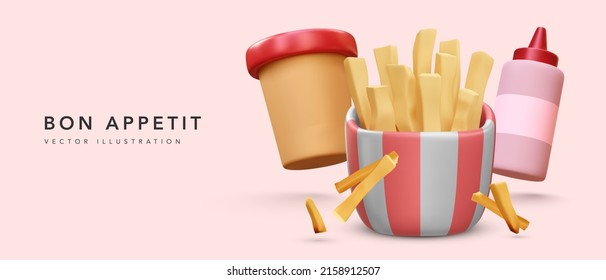 3d realistic render fast food banner with French fries, ketchup and cup. Vector illustrator