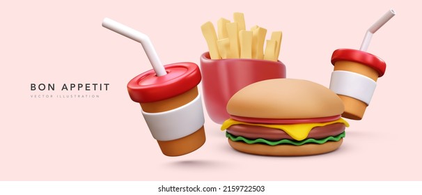 3d realistic render fast food banner with French fries and burger. Vector illustrator svg