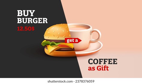 3d realistic render fast food banner with burger and coffee mug combined into one picture, special menu offer