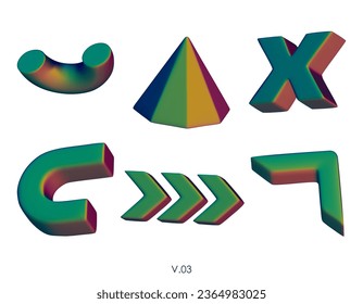 3D realistic render geometric figures. Matte green design elements. Colorful vector decorative shapes. Pyramid, Arrows, Cross, Half of torus. Vector illustration Isolated on white