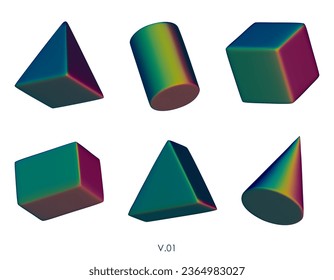 3D realistic render geometric figures. Matte green design elements. Colorful vector decorative shapes. Cube, cone, cylinder, pyramid. Vector illustration Isolated on a white background