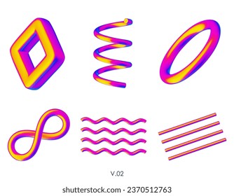 3D realistic render geometric figures. Vivid iridescent design objects. Bright vector decorative shapes. Spiral, wavy lines, ring, torus, infinity symbol. Isolated on a white background