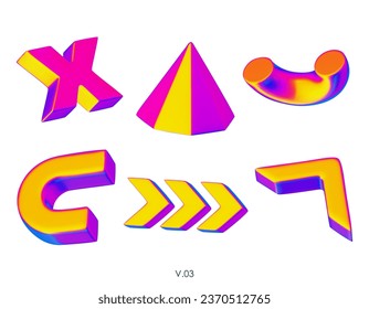 3D realistic render geometric figures. Vivid iridescent design objects. Bright vector decorative shapes. Pyramid, Arrows, Cross, Half of torus. Isolated on a white background