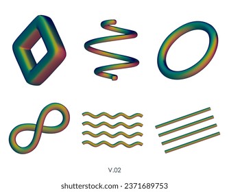 3D realistic render geometric figures. Matte green design elements. Colorful vector decorative shapes. Spiral, wavy lines, ring, torus, infinity symbol. Vector illustration Isolated on white