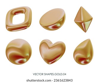 3D realistic render gold figures. Yellow metallic design objects. Vector decorative geometric shapes. Crystal, Sphere, Semicircle, Heart, drop. Isolated on a white background.